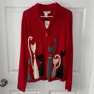 Vtg NWT Coldwater Creek Red Cat Design Cardigan Ramie Blend size L